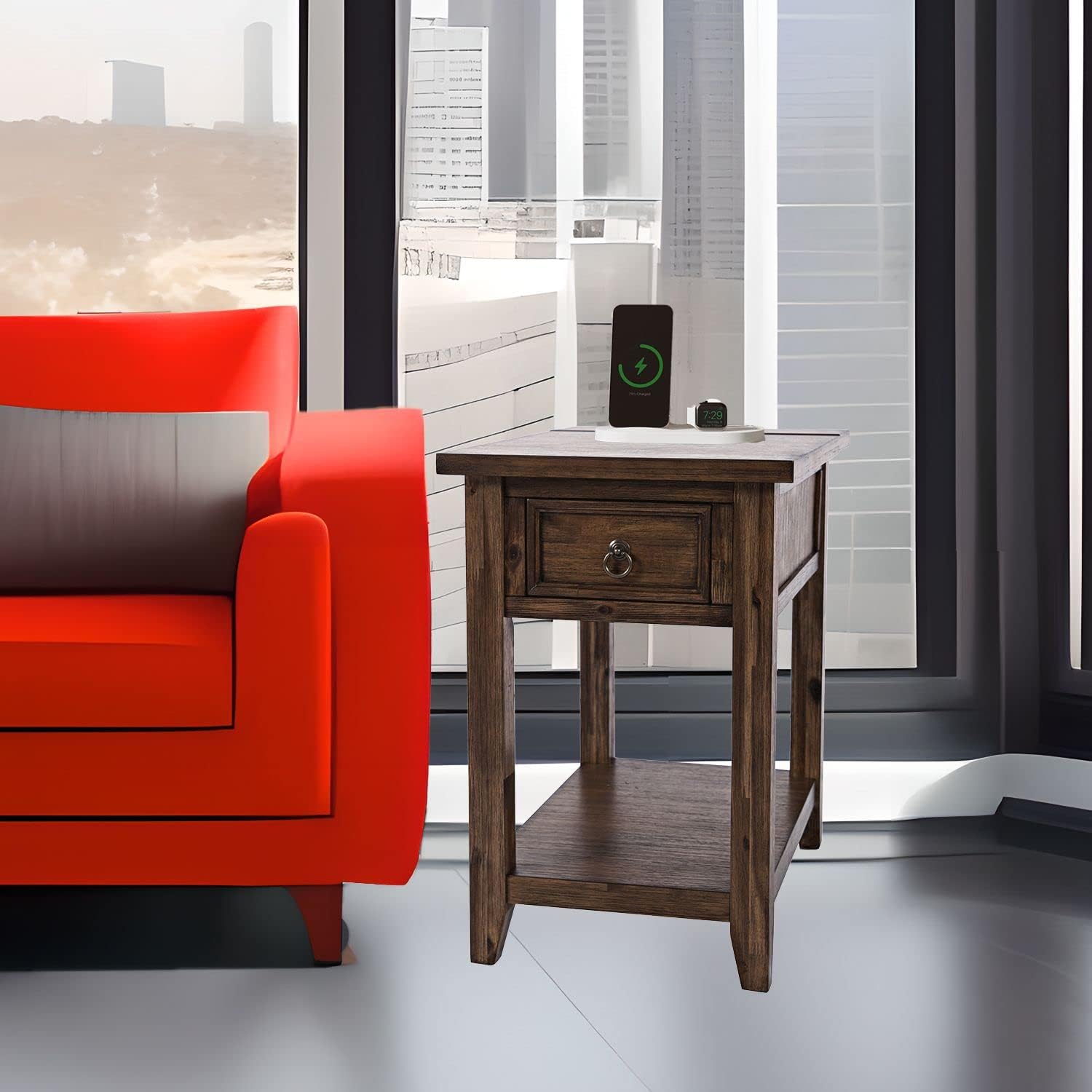 Jofran Bakersfield Side USB Charging Table, Wire Brush Brown