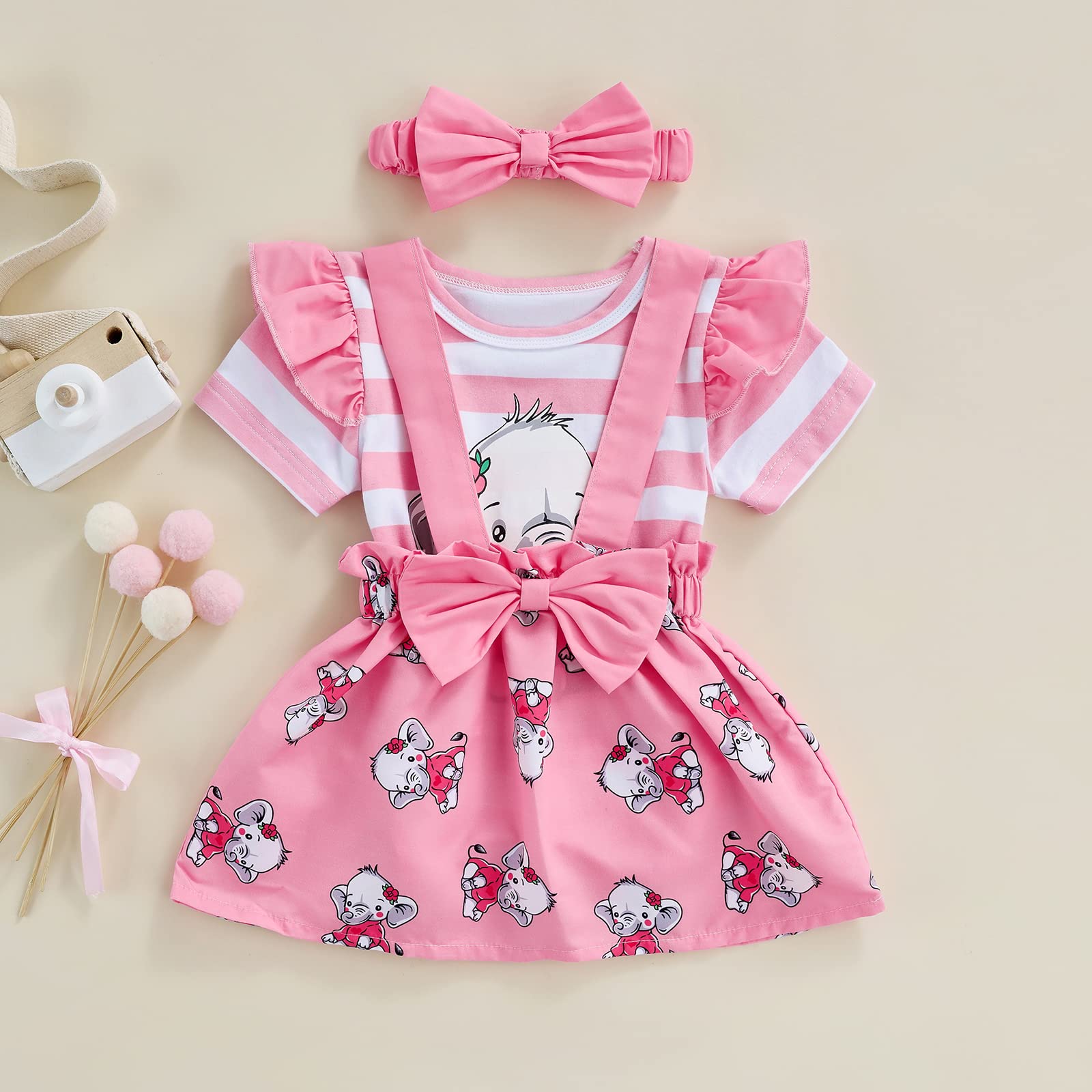Newborn Baby Girl Elephant Outfit Ruffle Sleeve Suspender Jumpsuit Shorts/Skirt Set Infant 1st Birthday Summer Clothes (C Skirt Set Pink,9-12 Months)