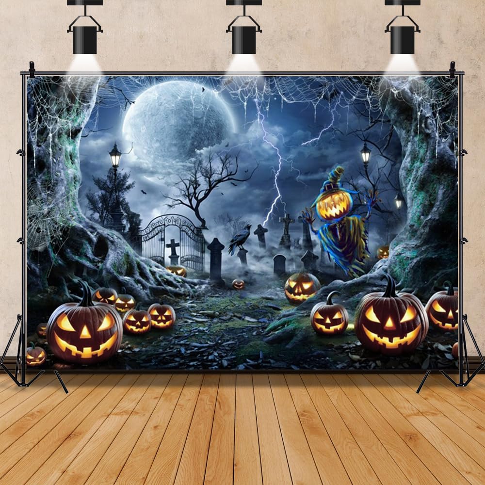 Amazon | Leowefowa 月夜 ハロウィン 墓地 写真撮影用背景 ホラー 夜