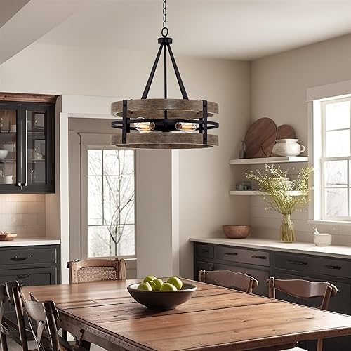 Miniatura 6 de Kira Home Maybrook - Lámpara de araña moderna de granja de 23 pulgadas, 4 luces, color negro + acabado de madera de roble recuperado