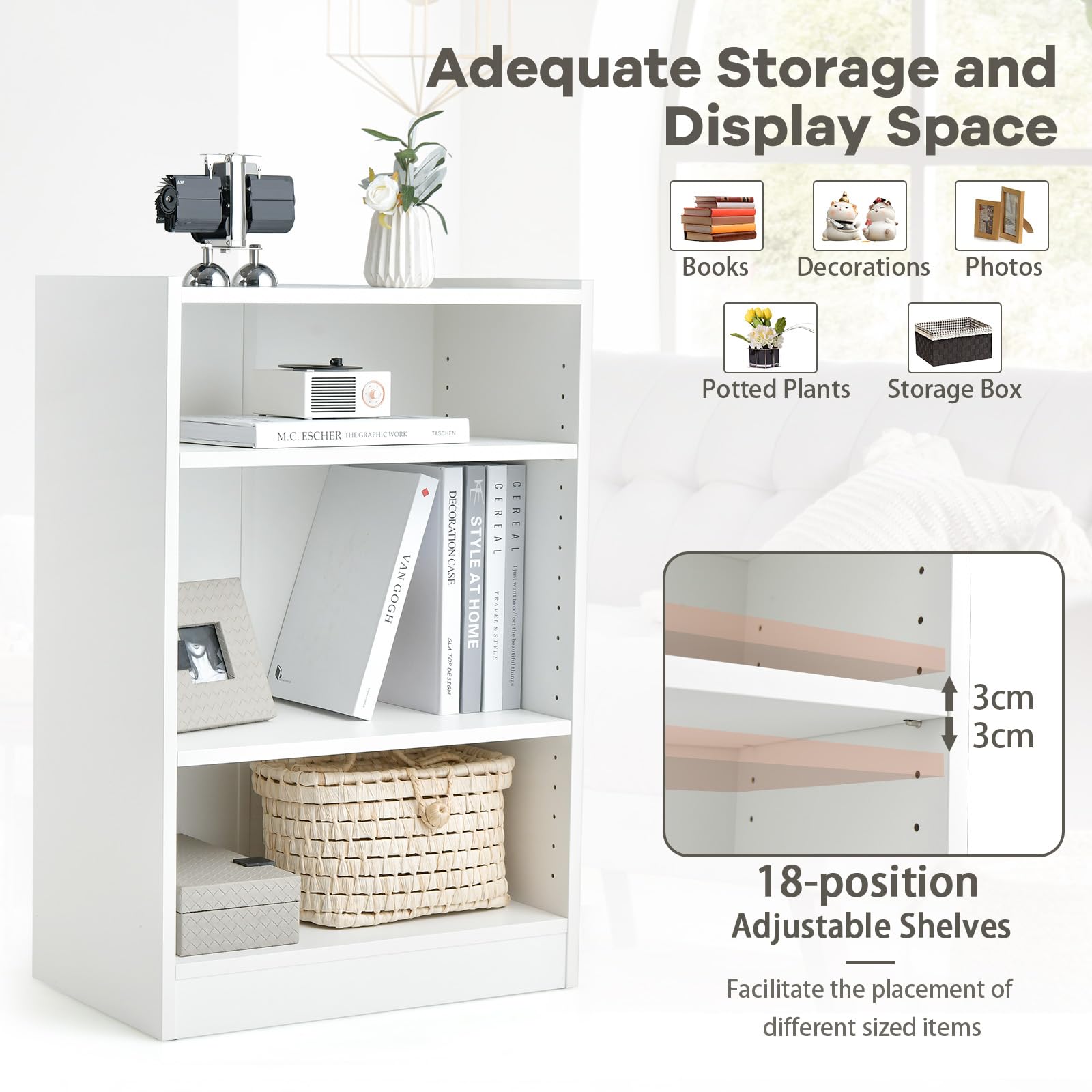 KOMFOTTEU Libreria Scaffale a 3 Livelli Aperti, Libreria Verticale Moderna con Ripiani Regolabili, Dispositivo Antiribaltamento, Mobile per Camera da Letto, Soggiorno, 50 x 30 x 75 cm (Bianco)