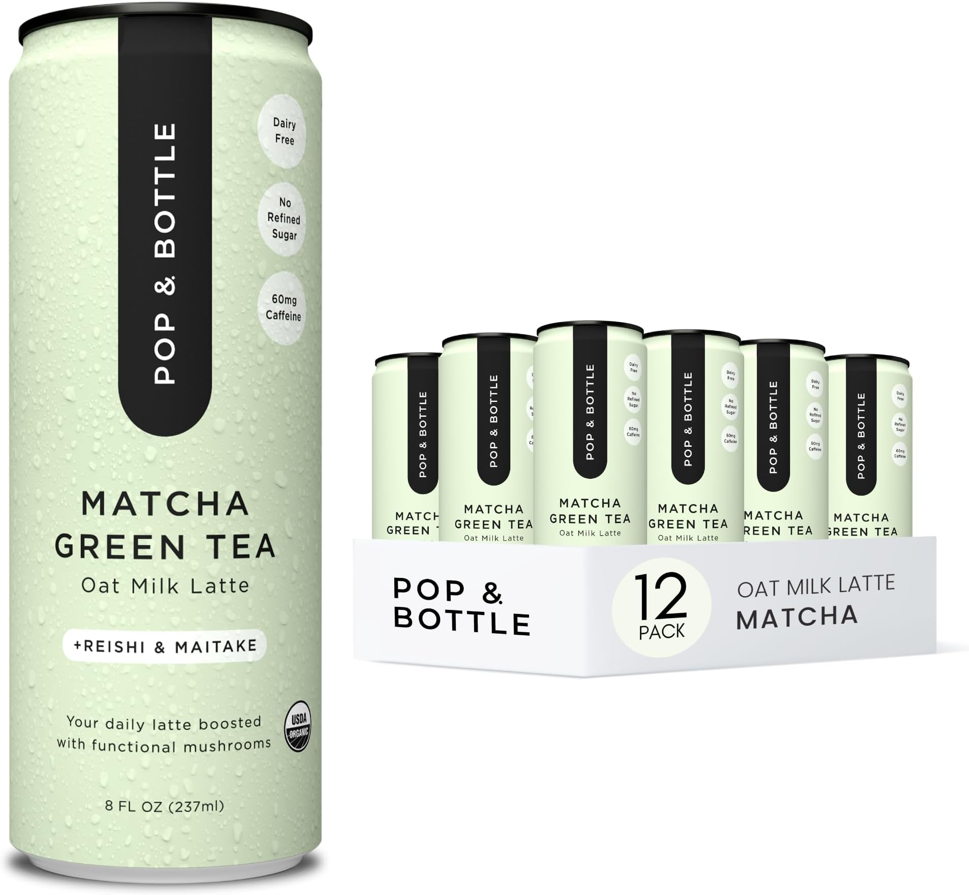 Pop & Bottle, Oat Milk Lattes - Matcha with Reishi and Maitake Mushrooms, Green Tea Latte, MCT Oil, Organic, Dairy Free, Gluten Free, Lightly Sweetened with Dates - Matcha, 8 Fl Oz (12 Pack)