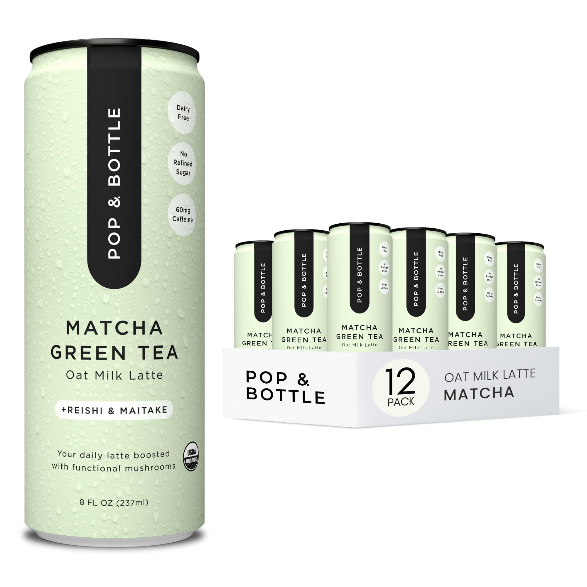 Pop & Bottle , Oat Milk Lattes - Matcha with Reishi Mushrooms and Maitake, Green Tea Latte, Mct Oil, Organic, Dairy Free, Gluten Free, Lightly Sweetened With Dates - Matcha, 8 Fl Oz (