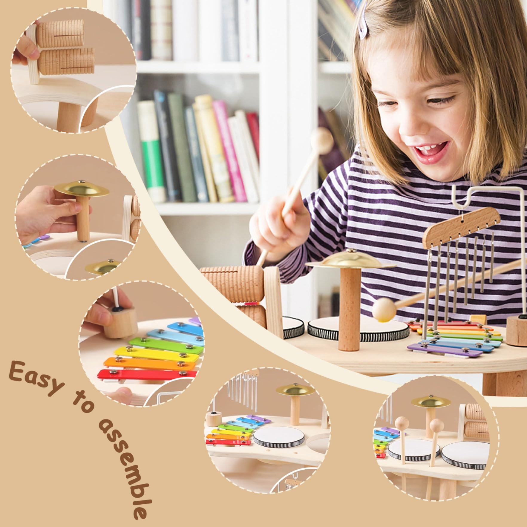 Kinder-Schlagzeug-Set, 5-in-1, hölzernes Kleinkind-Schlagzeug, pädagogische Kindermusikinstrumente, babysichere Perkussion