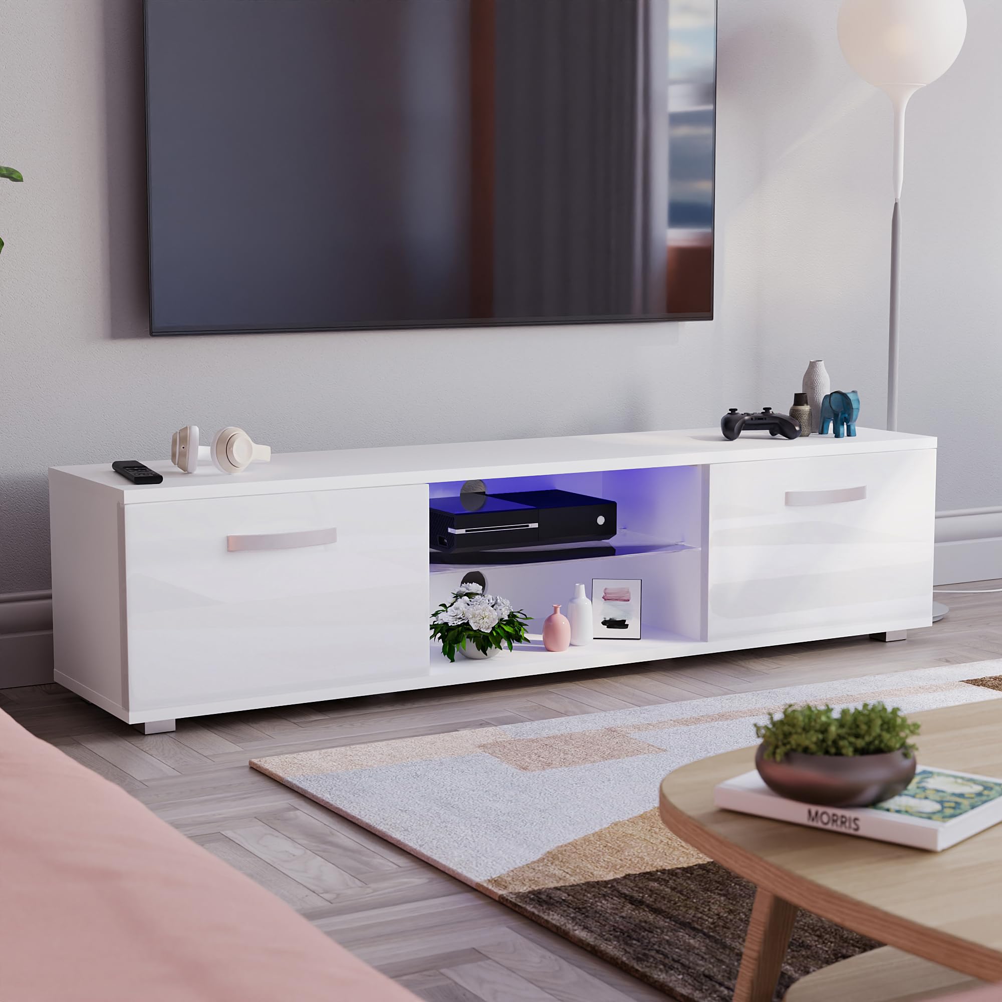 Vida Designs Cosmo - Mueble de TV LED de 2 Puertas Moderno Brillante MDF Mate para Sala de Estar, Mueble de Medios, Mueble RGB, Blanco Claro, 160 cm