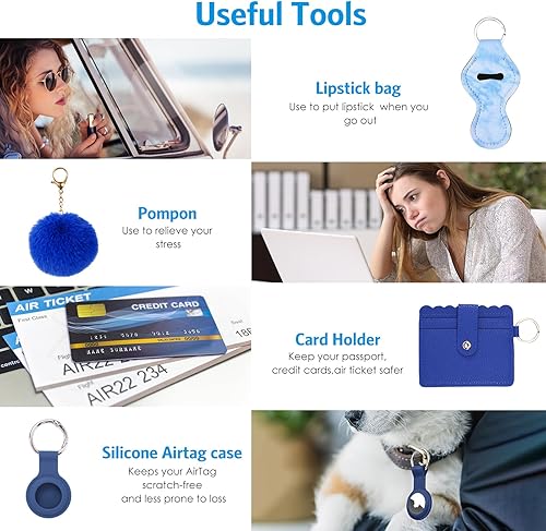 Miniatura 4 de Juego de llaveros de seguridad para mujeres y niñas, kit de accesorios de llavero 18 en 1 con alarma personal, tarjeta de silbato, cartera, pompón