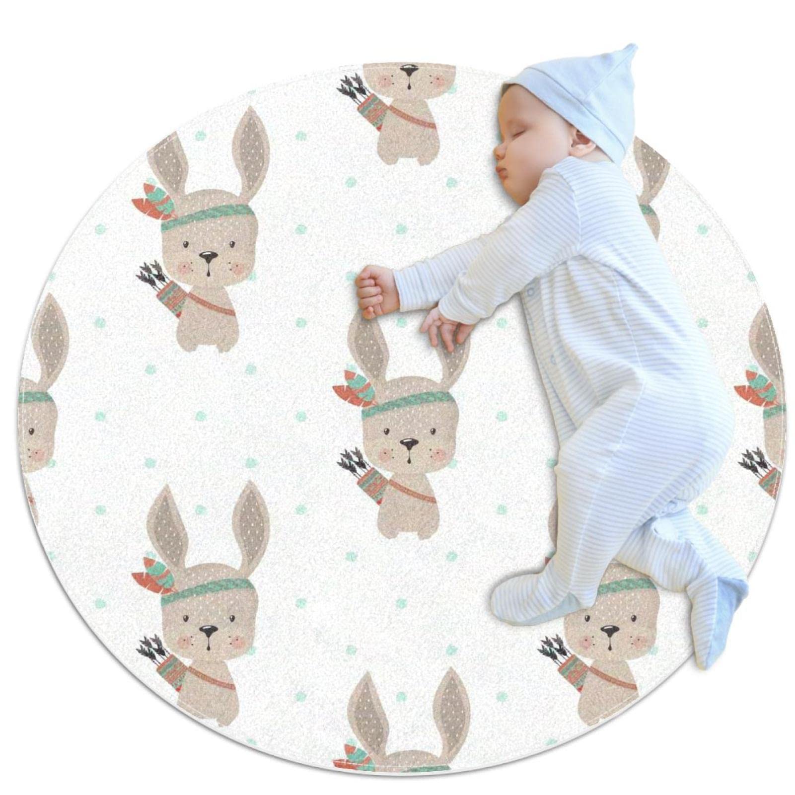 Tapis de jeu pour enfants rond et lavable avec motif lapin pour sol froid