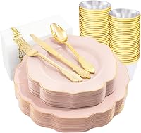 NOCCUR 175PCS Pink Flower Plates with Gold Disposable Silverware - 50 Plates, 25 Each Knives Forks Spoons Cups Napkins for Parties Weddings Valentine's