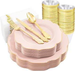 NOCCUR 175PCS Pink Flower Plates with Gold Disposable Silverware - 50 Plates, 25 Each Knives Forks Spoons Cups Napkins for Parties Weddings Valentine's
