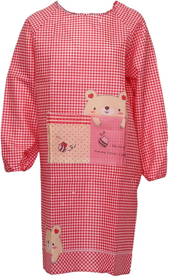 Amazon Co Jp Bee Blue 長袖 エプロンスモックチェック柄 割烹着和装 作業おしゃれ 防水 可愛い 料理 赤 ファッション