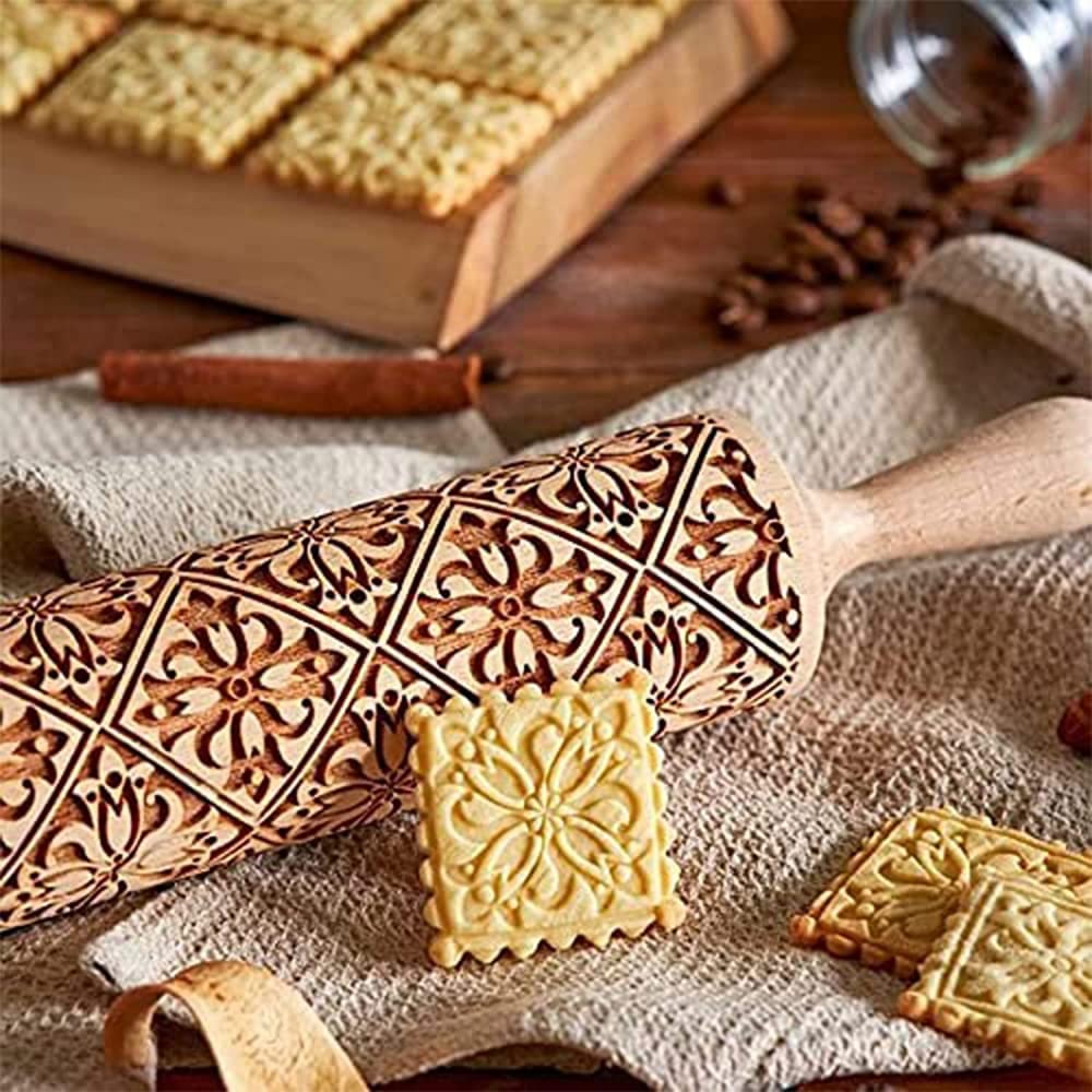 Rodillo de Madera para Hornear Repujado, Rodillo de Sello de Galletas, Cuadrado, Molde de Galletas, Herramientas de decoración de Cocina (2 Piezas)