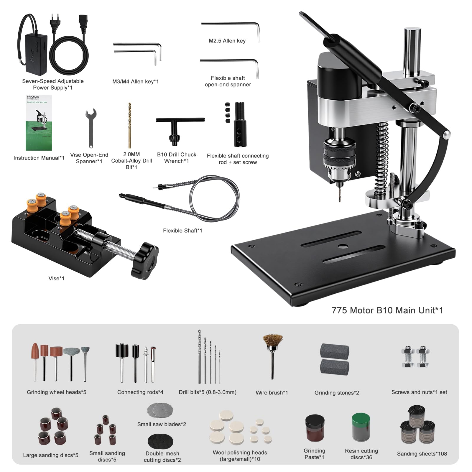 VOBOR Mini Taladro de Columna con Eje Flexible, 7 Velocidades, Ajuste de Altura de 50 mm, Para Metal Madera Acrílico Aluminio