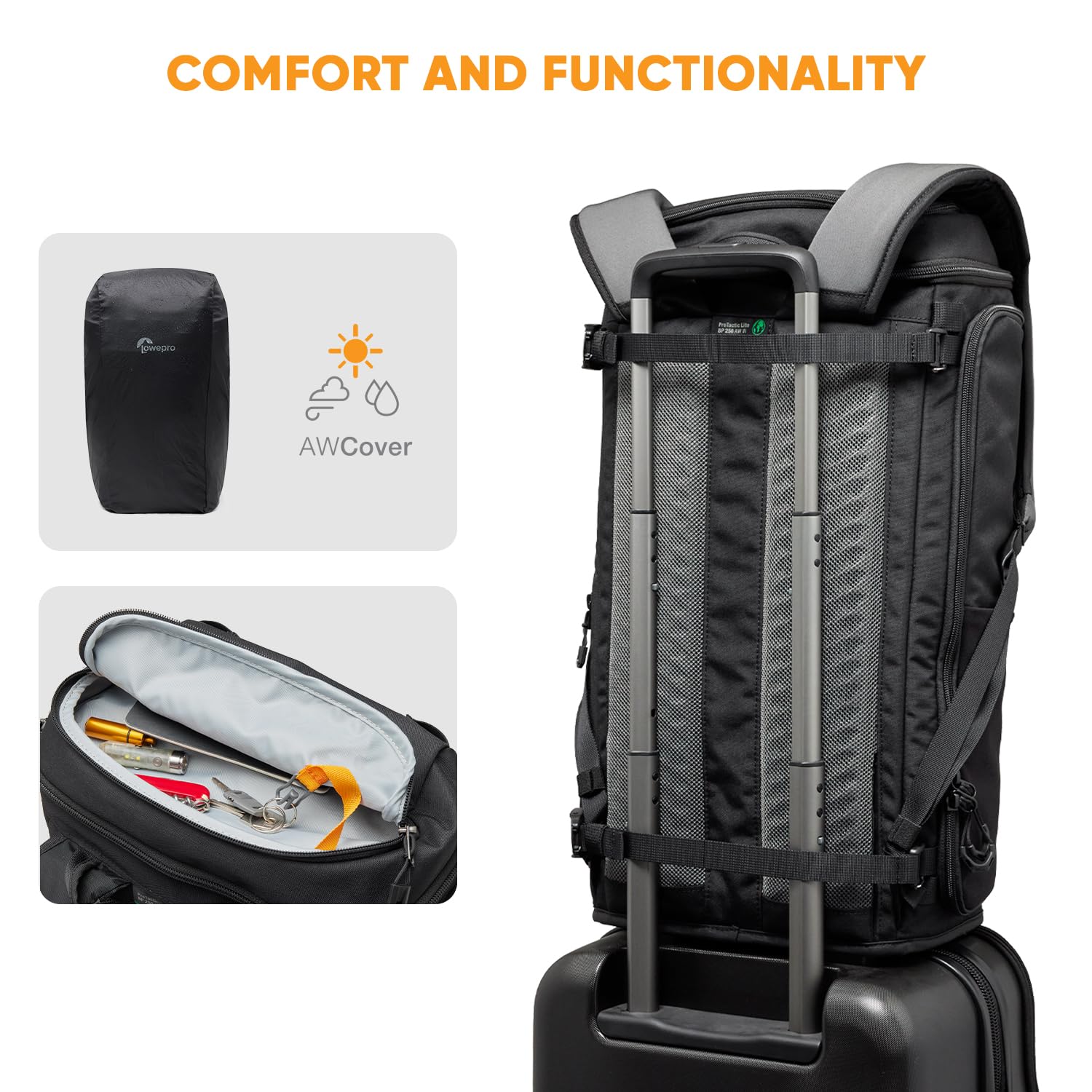 Lowepro ProTactic Lite BP 250 AW III Laptop-Rucksack, Zugriff Oben u. seitlich, Profi-Kameratasche, DSLR/Drohnen/spiegellose Kameras, bis zu 16" Laptop, Regenhaube, für Foto-/Videografen, Volumen 30l