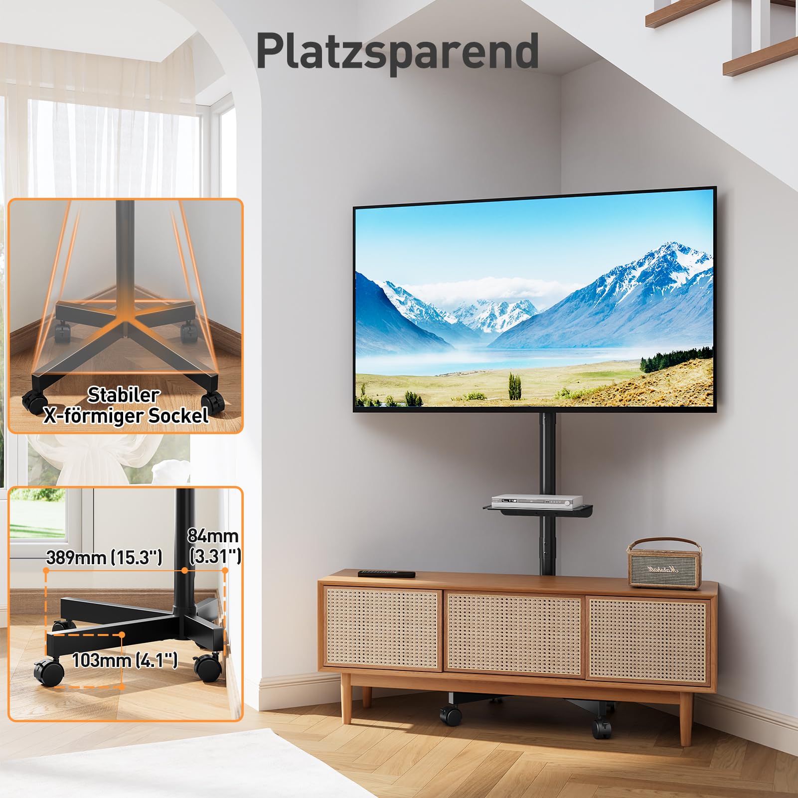 ELIVED TV Ständer Rollbar für 26-60 Zoll Fernseher bis zu 25kg, Max VESA 400x400mm, Mobiler TV Stand mit Rollen Höhenverstellbar Fernseher Bodenständer EV1117