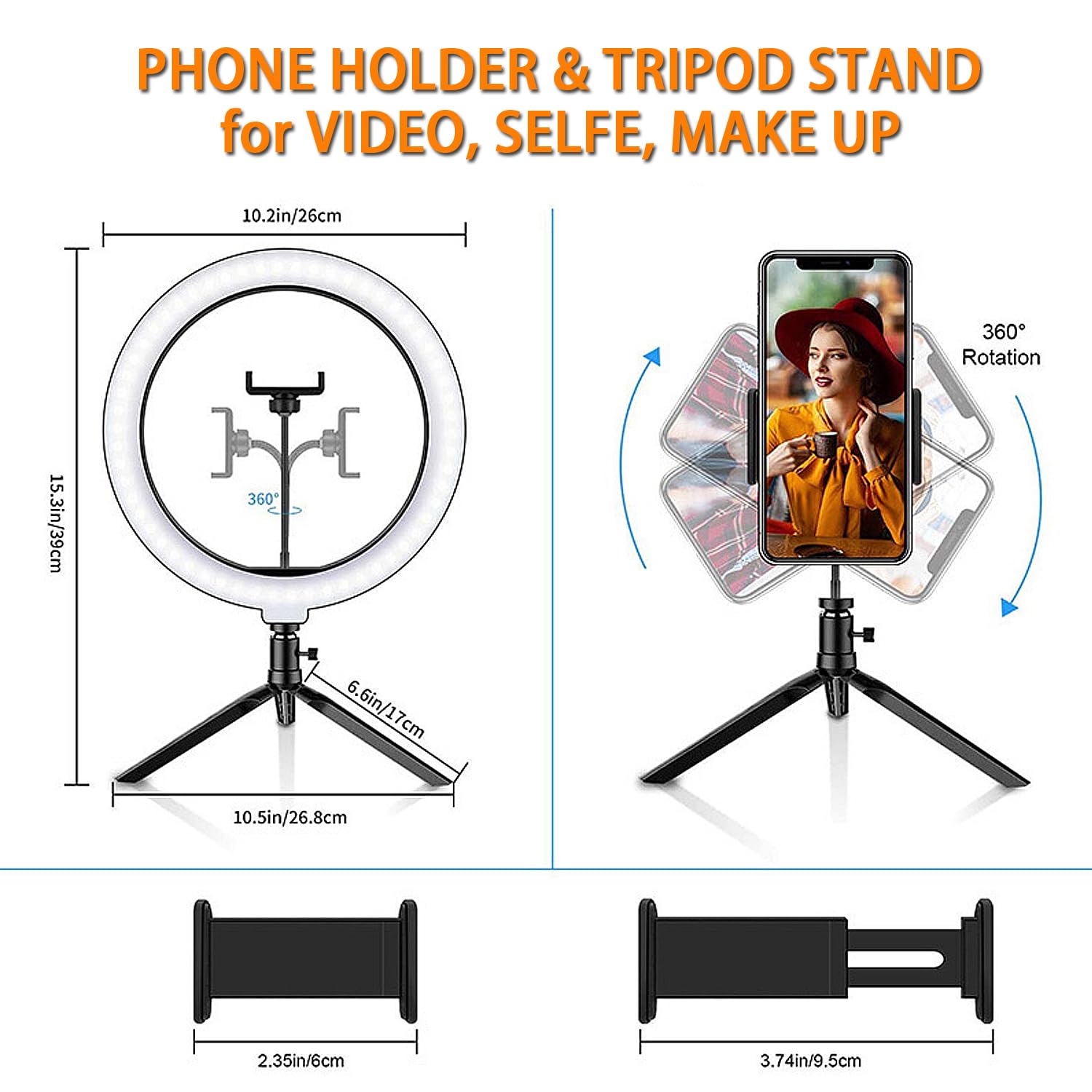 Luce ad anello da 25,4 cm con supporto per treppiede, per registrazione video e trucco, luce aureola regolabile con supporto per telefono cellulare, lampada a LED con 3 modalità di illuminazione e 11