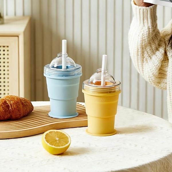 折りたたみシリコンカップ 500ml コンパクト 携帯便利 ストロー付 保冷 シャーベットカップ アウトドア キャンプ ハイキング 旅行 食洗機対応 温冷両用 軽量 コップ - 3