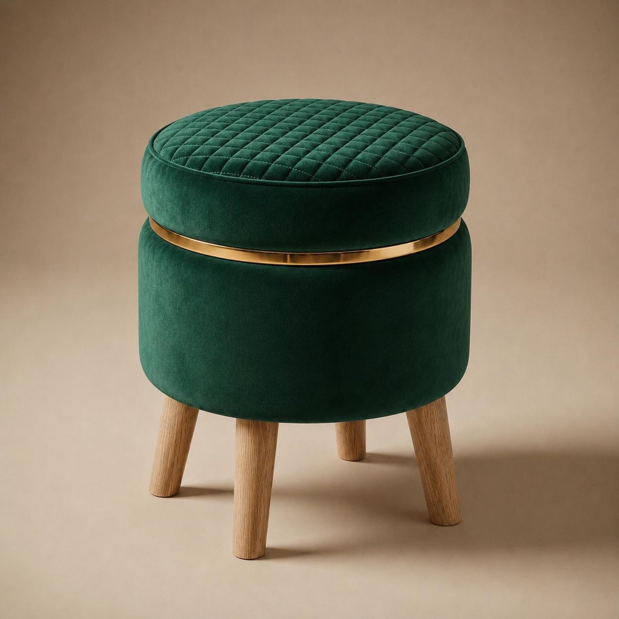Ottoman for Living Room Round Design Ottoman Stool with Storage Wooden Build - Extra Seating Stool for Home Decor Use, Footrest Function (Green)-image-0
