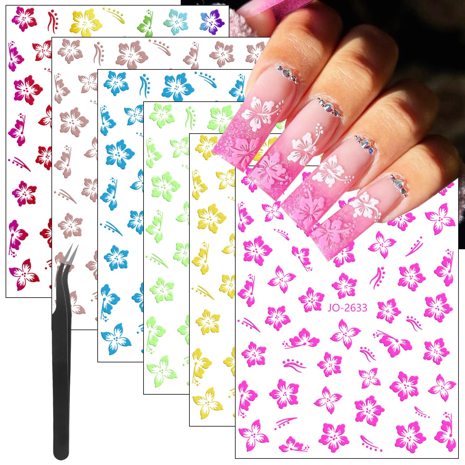 6sheets 3D Flower Nail Stickers - Cute Flowers Nail Art Decals with Nail Tweezers - Multi Color Hibiscus Floral Designs for Women & Girls