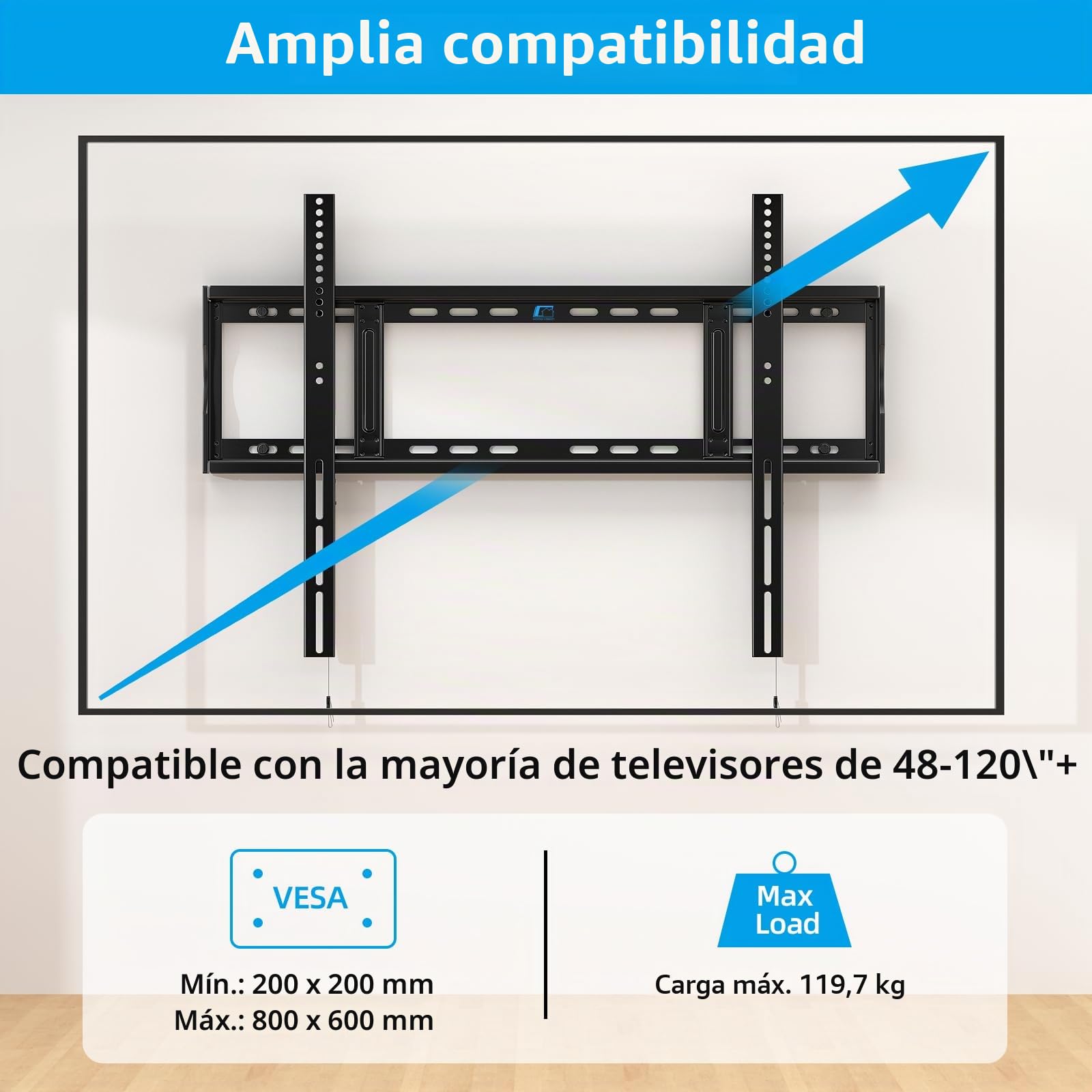 HOME VISION Soporte de pared fijo resistente para TV con capacidad para hasta 120 kg, para la mayoría de televisores curvos planos de 48 a 120 pulgadas, soporte de montaje en pared, pernos de 16, 18 y