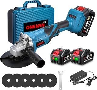 ONEVAN Battery Angle Grinder 125mm Brushless, Cordless Electric Separation Grinder 180° Rotating Head, 6-Speed Adjustable Speed, 2 x 4.0 Ah Batteries, Angle Grinder for Separation, Grinding (Blue) | 180° vridbart huvud, 6-växlad justerbar hastighet, 2 x 4,0 Ah batterier, Angle Grinder för separation, slipning