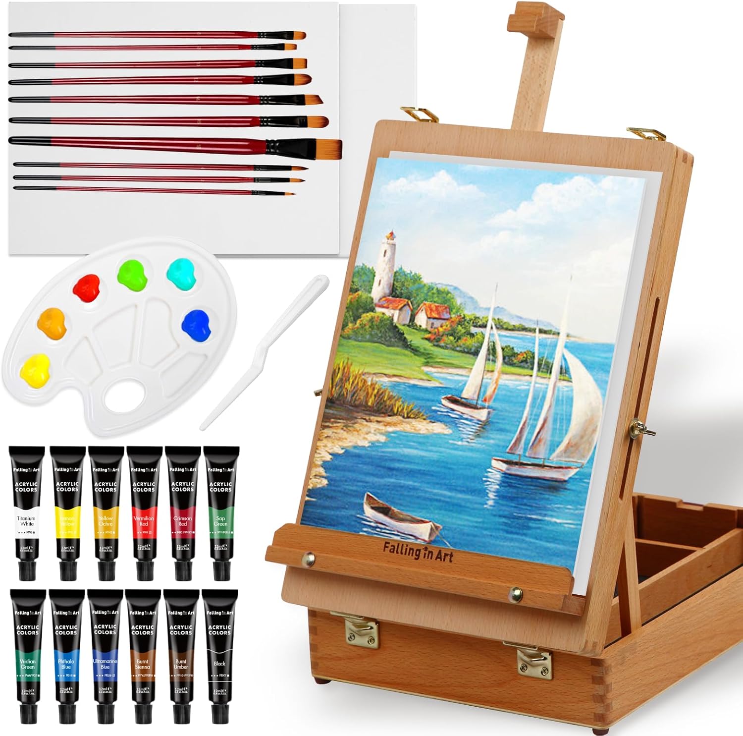 Falling in Art Beechwood Easel Box Set, 27 Pcs Tabletop Acrylic Paint Set, Portable Display Easel Stand with 12 Acrylic Paints, Canvas Panels and Brushes, Suitable for Beginners and Professionals