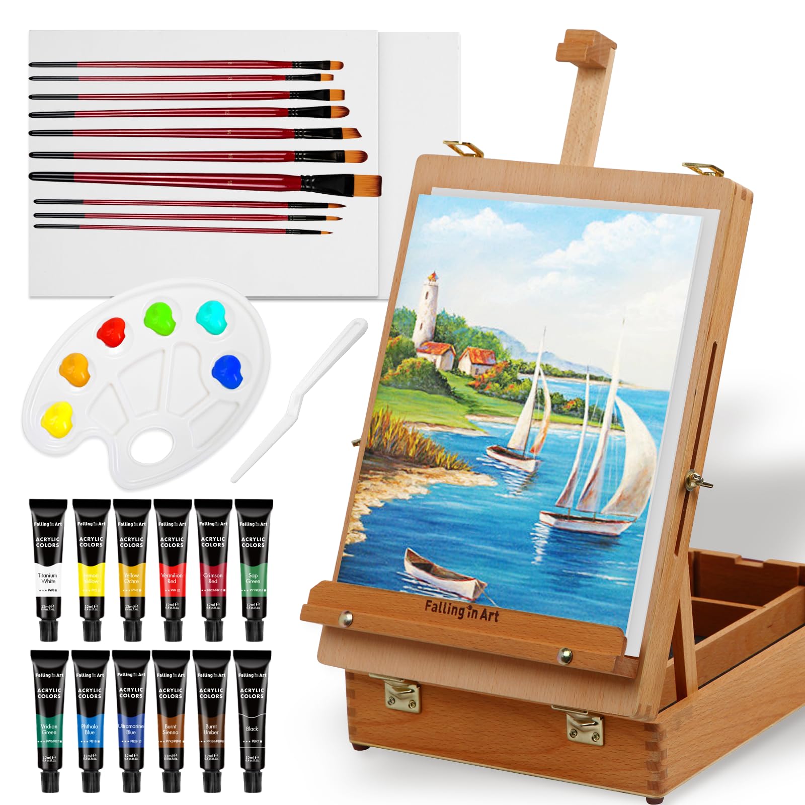 Falling in Art Beechwood Easel Box Set, 27 Pcs Tabletop Acrylic Paint Set, Portable Display Easel Stand with 12 Acrylic Paints, Canvas Panels and Brushes, Suitable for Beginners and Professionals