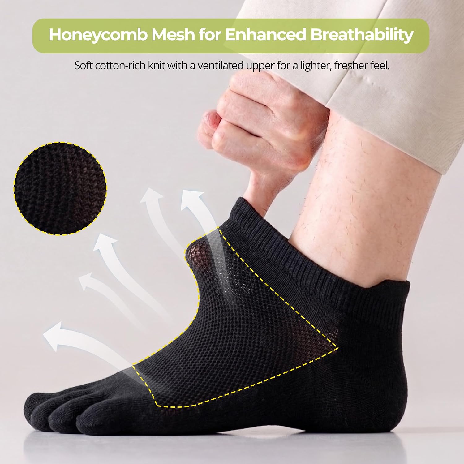 Toe Socks for Men, 72% Cotton Low Cut, 5 Pairs, US 7-11