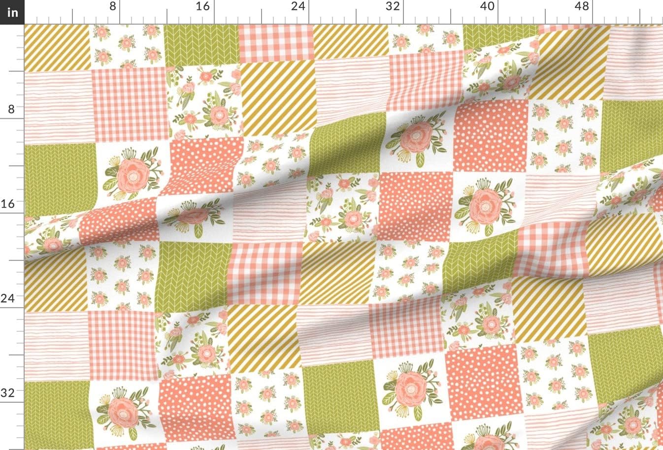 Spoonflower Fabric - Cheater Quilt Blush Coral Floral Squares Wholecloth Top Printed on Upholstery Velvet Fabric Fat Quarter - Upholstery Home Decor Bottomweight Apparel
