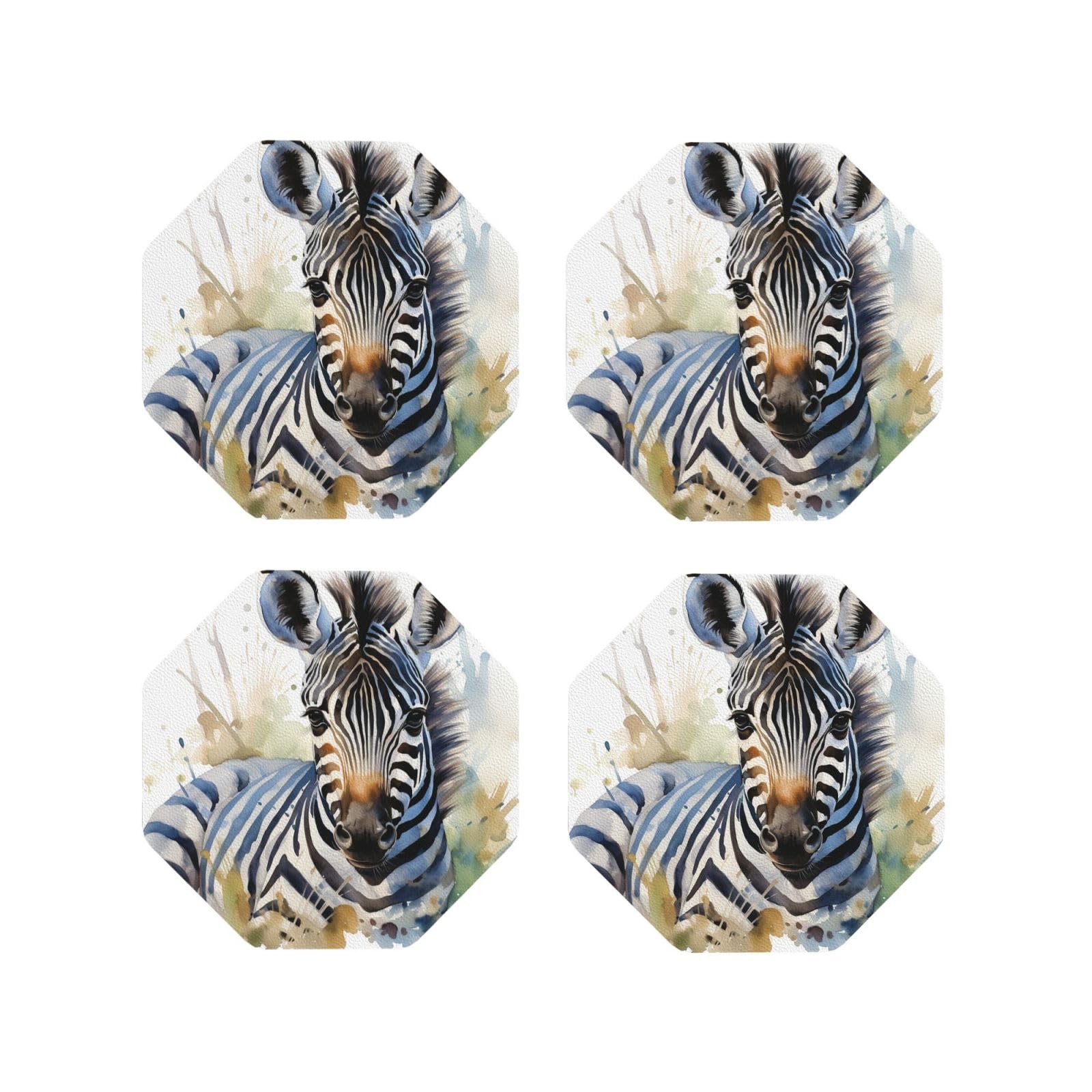 4Pcs PU Leather Coaster for Drinks, Cute Zebra Watercolor Cup Coastersr 4" Cup Mat Pad, Aesthetic Drink Coasters for Coffee Table, Octagon Coaster for Tabletop Protection