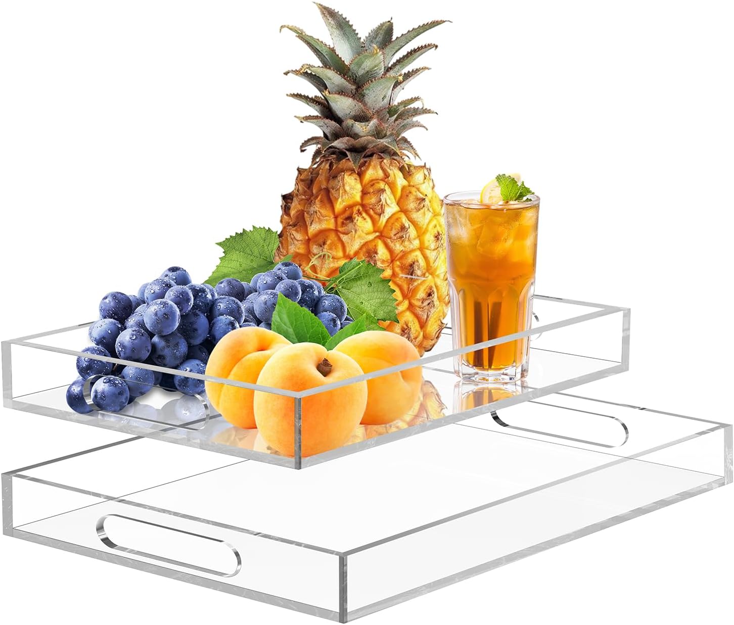 2 Pack Clear Serving Trays with Handle 11X11 -Lucite Acrylic Tray Set for Serving Food- 6mm Thick Small Stackable Bathroom Organizer-(11x11X2.4,10.2x10.2X2.4)