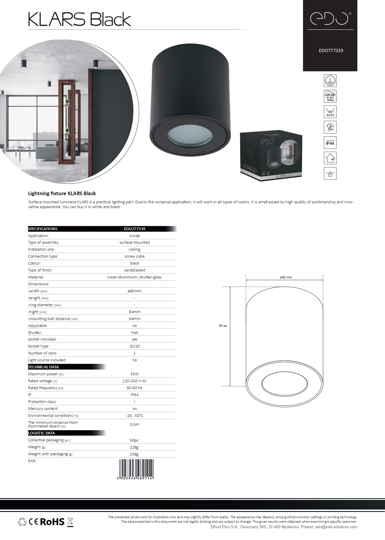 EDO Faretto Soffitto GU10 Negro - Foco de Techo KLARS Ø80×84 mm Redondo - Plafón de Superficie Hermético IP44 de Aluminio – Lámpara de Techo – Downlight para Baño – Spot sin Bombilla GU10
