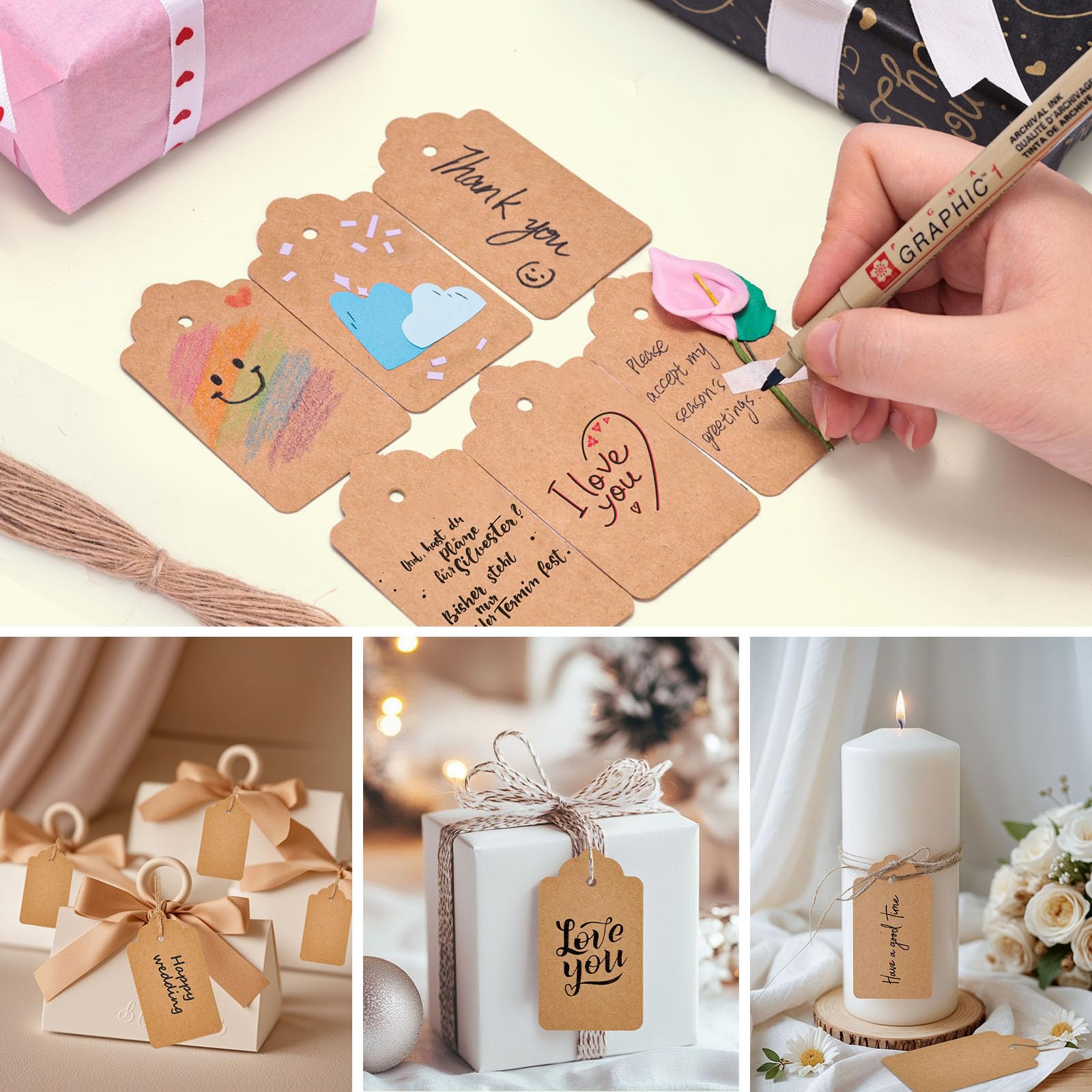 Kit De Etiquetas Regalo Kraft (100 Unidades + 20m Cuerda De Yute) - Para Bodas Y Eventos