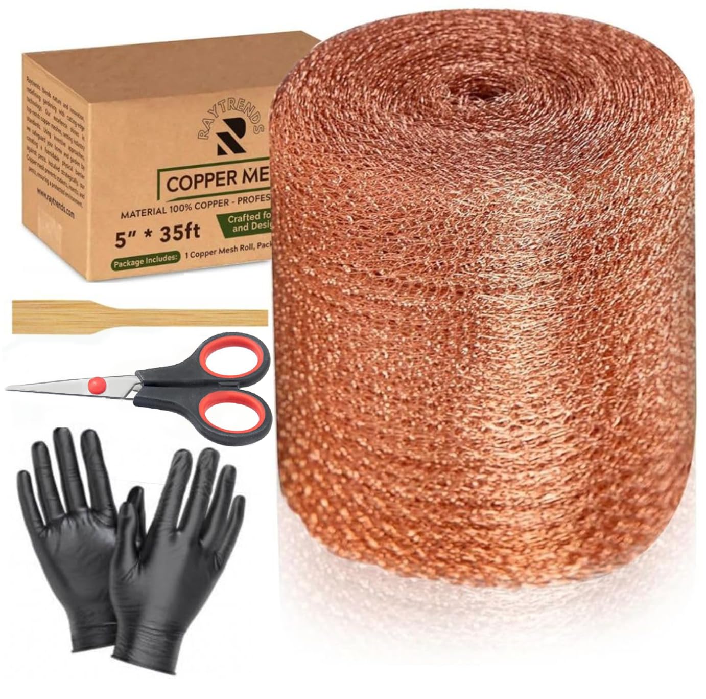 3rd Gen Raytrends Copper Mesh Rodent Control Kit, 5 Inch x 35ft Rustproof Copper Wool Blend, Ideal for Sealing Water Gaps, Gardening - DIY Hole Filler with Scissors, Gloves & Packing Tool