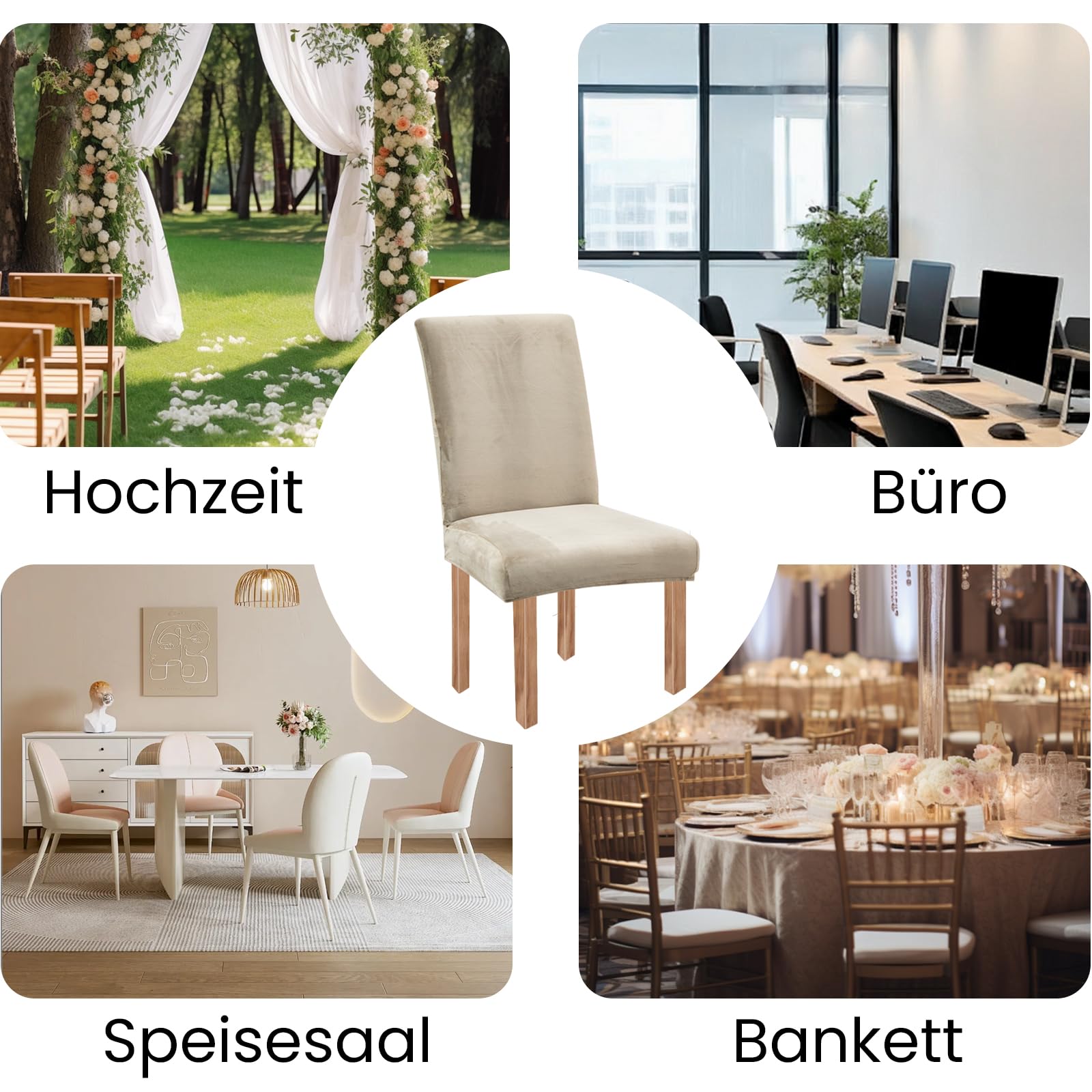 Stuhlhussen Samt 6er Set, Hussen Für Stühle, Stretch Stuhlbezug, Champagne | Universell Stuhlhussen Schwingstühle, Waschbarer Stühle Schutz Für Esszimmer Küche Restaurant Hotel Bankett Hochzeit Party