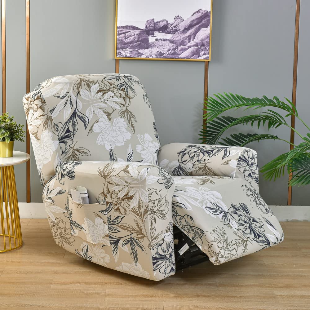 EBETA Elasticizzato Copripoltrona Fodera per poltrona, Fodera per poltrona relax in 4 pezzi, Coprisedile Chivas Poltrona Reclinabile Relax Completo con Tasche (Fiore)