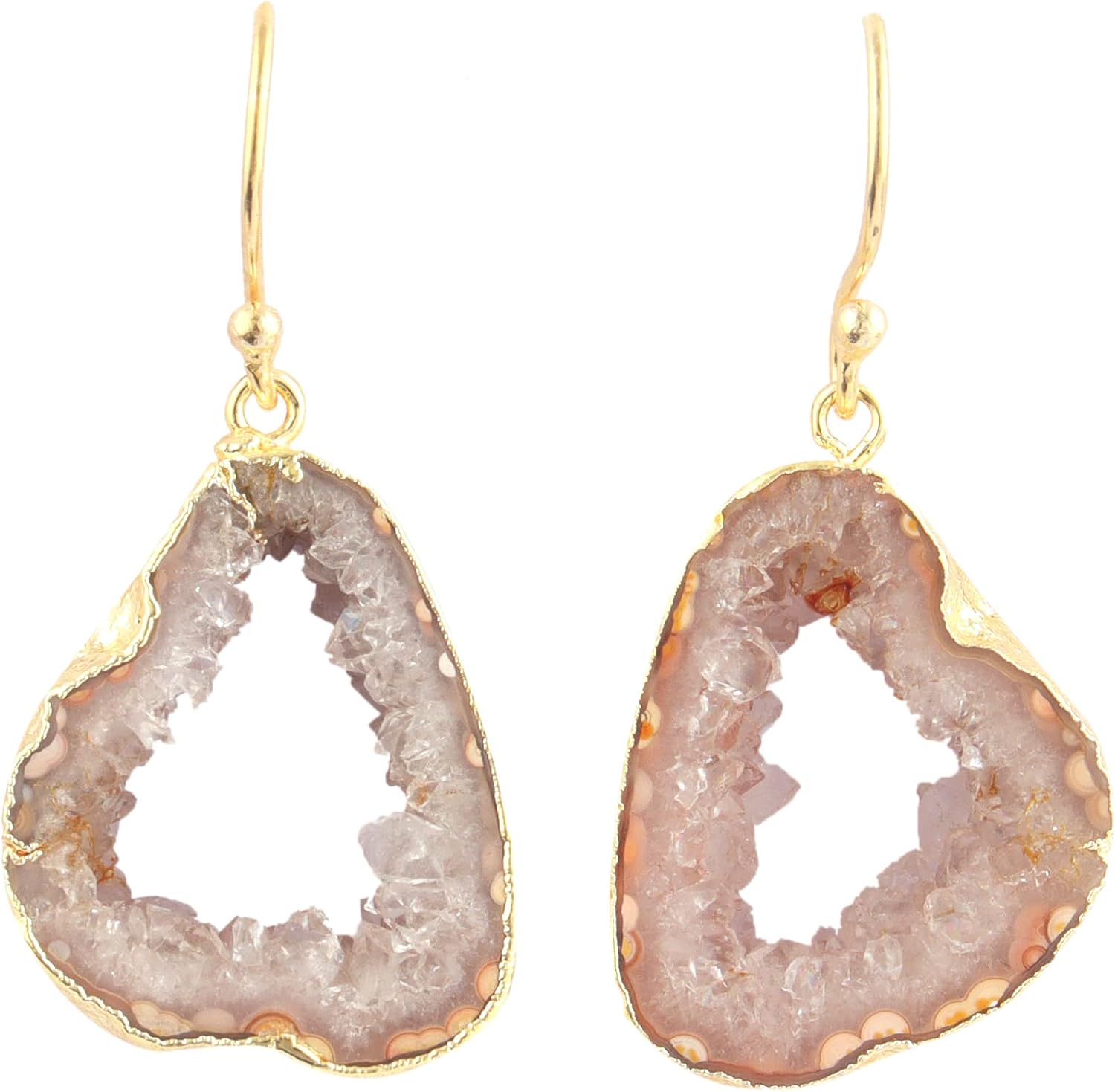 Guntaas Gems Geode Druzy Crystal Quartz Earring Brass Gold Electroplated Orange Color Geode Slice Drop Dangle Earring
