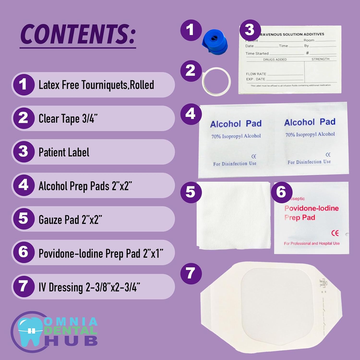Omnia IV Starter Kit with Gauze/Chlorascrub Swab LF | 50 Pcs Latex-Free Tourniquets | Posi-Guard Catheter Securement Device & Transparent Window Dressing