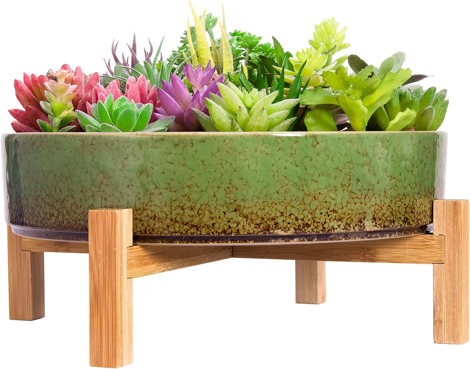 Maceta grande para suculentas, maceta de bonsái poco profunda con soporte, maceta de cactus de cerámica para interiores y exteriores, cuenco decorativo para plantas de flores (verde)