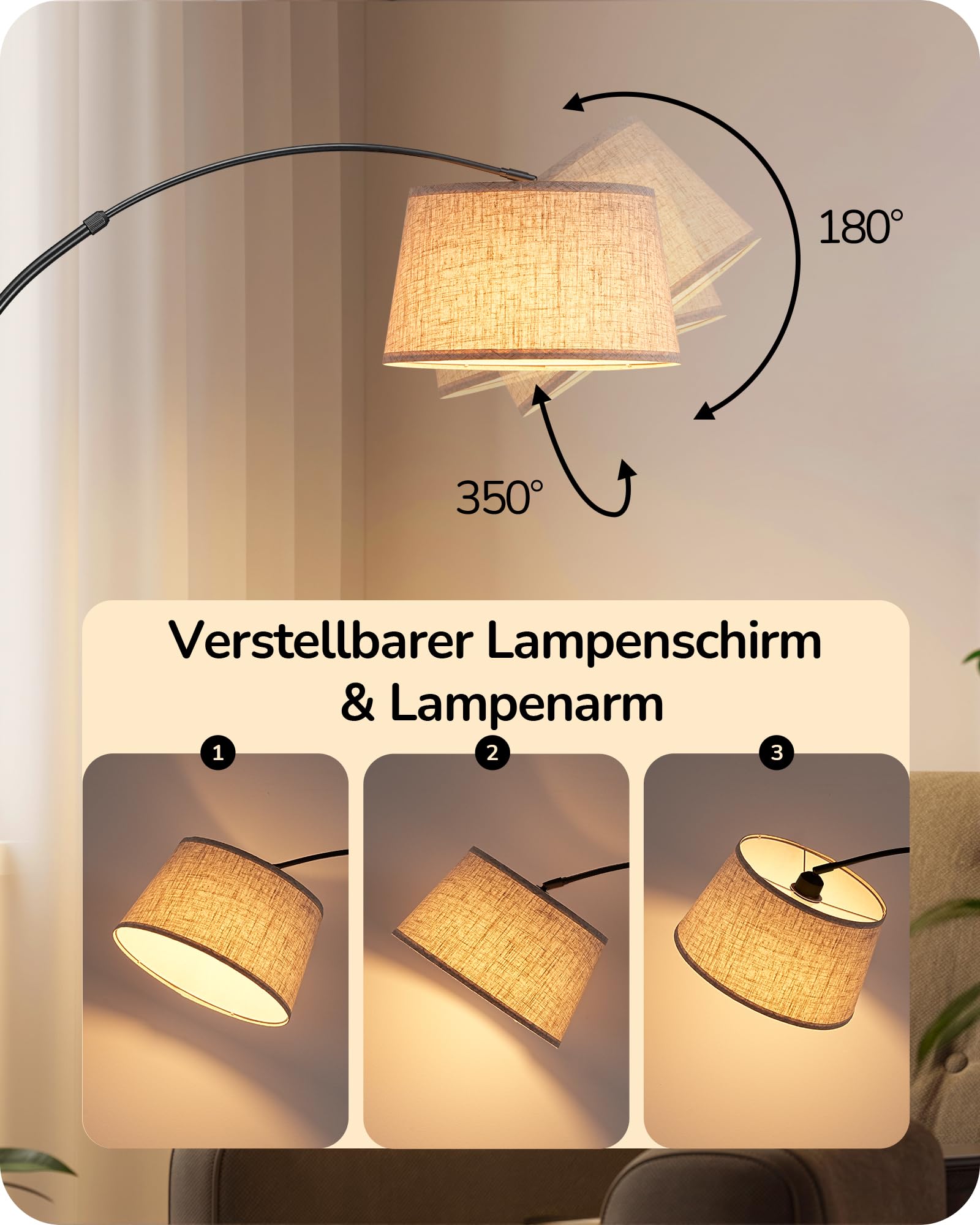 EDISHINE Stehlampe Wohnzimmer, 143-176 cm verstellbar, Bogenlampe mit drehbarem Lampenkopf und Metallgestell, magnetische Fernbedienung, stufenlos dimmbar, E27 Fassung inkl. 9W LED Leuchtmittel