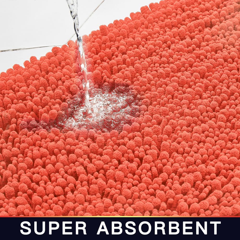 Walensee Bathroom Rug Non Slip Bath Mat (24x17 Inch Coral) Water Absorbent Super Soft Shaggy Chenille Machine Washable Dry Extra Thick Perfect Absorbant Best Small Plush Carpet for Shower Floor - Image 4