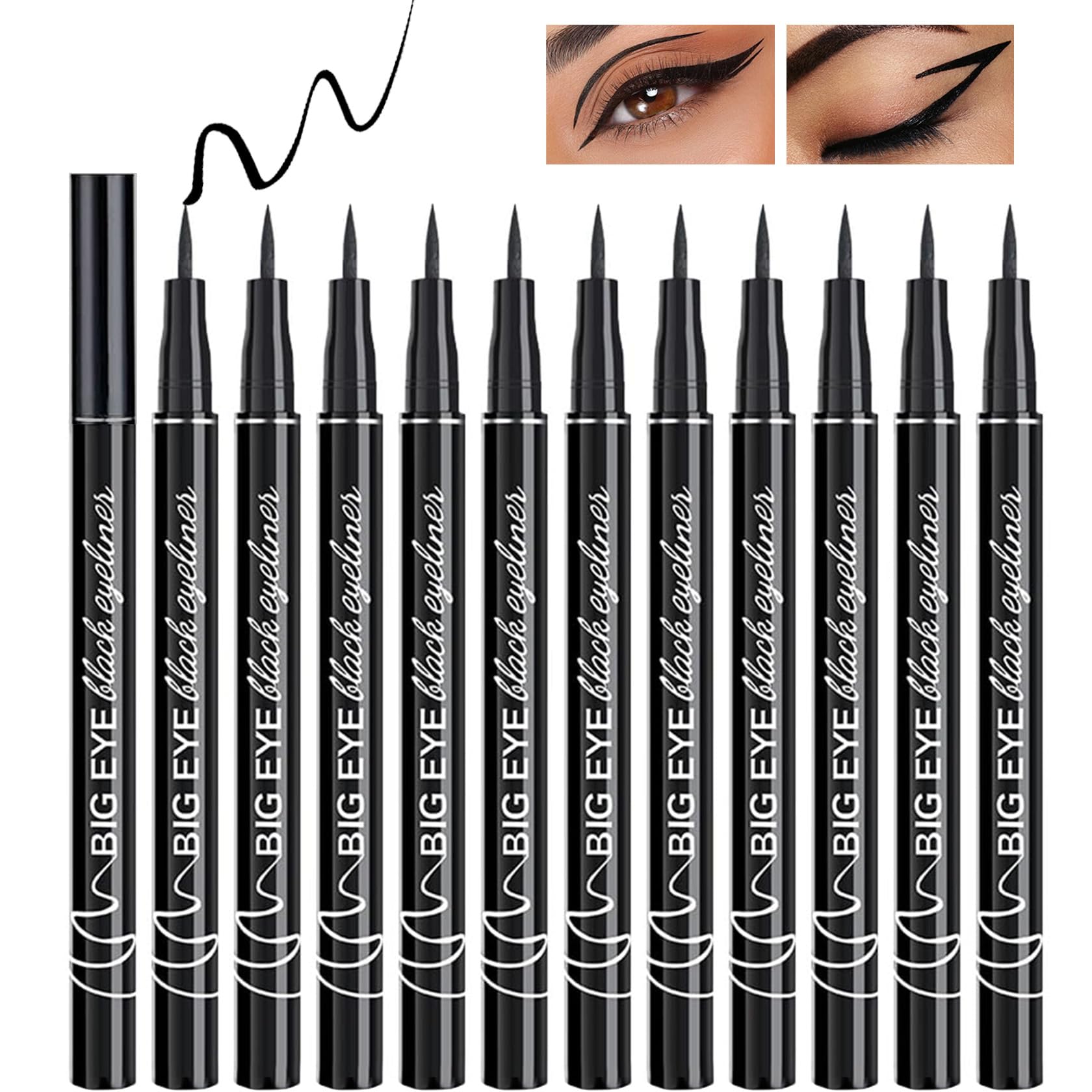 12-Pack Matte Black Liquid Eyeliner Pens, Waterproof Ultra-Fine Tip