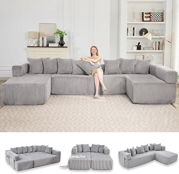 146" Corduroy Cloud Boneless Couch, U Shaped Sectional Sofa, 5-Seat Convertible Sofa with Double Chaise Lounges, 8 Pillows, Side Pocket, Deep Seat Couches for Living Room, Bedroom, Light Gray