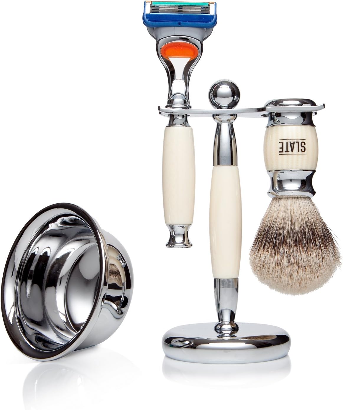 Faux Ivory Shaving Gift Set Kit with Silvertip Badger Brush and Gillette Fusion Compatible Razor Handle