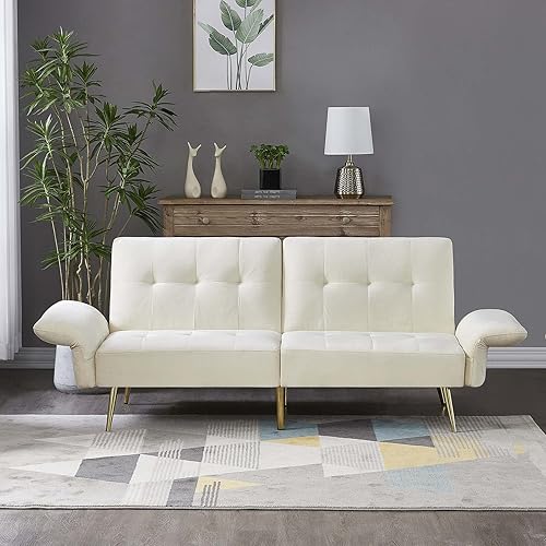 Sofá cama futón convertible de terciopelo, moderno sofá biplaza reclinable con reposabrazos ajustables, 4 bolsillos laterales, sofá cama plegable