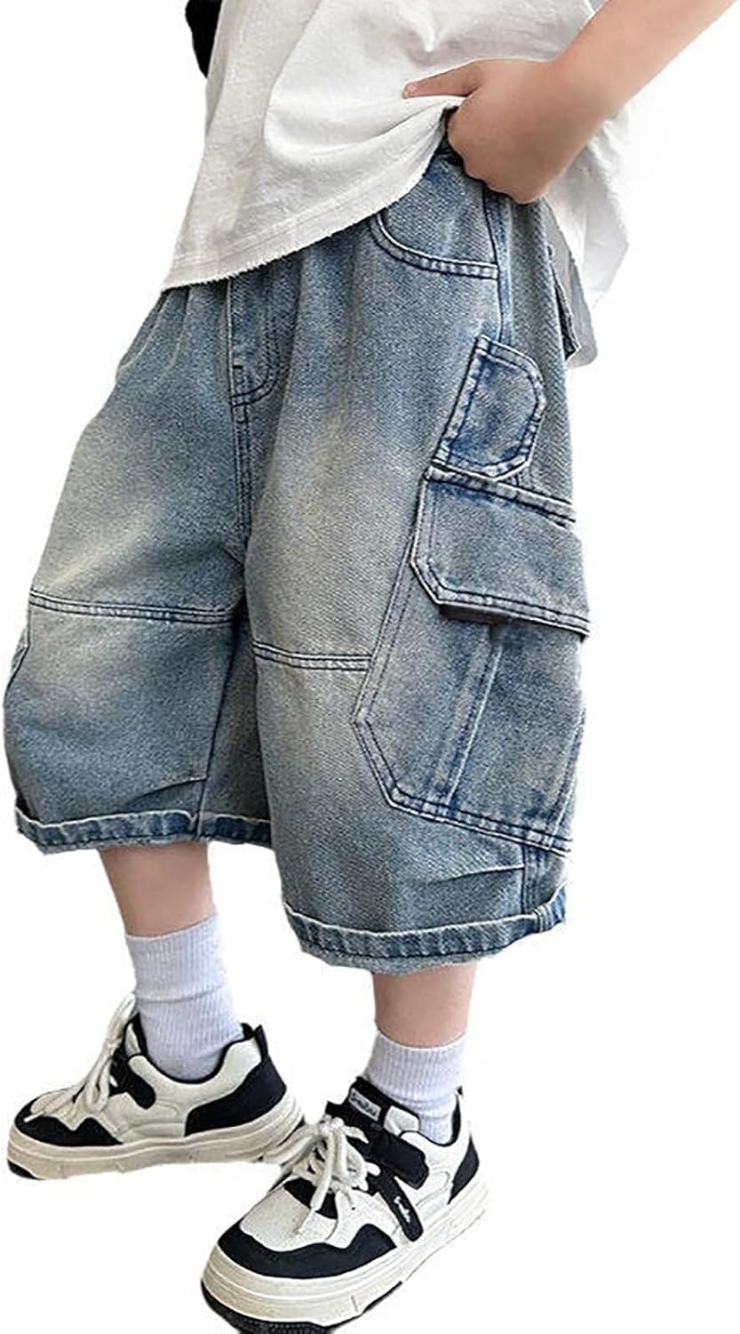 Boys Cargo Denim Shorts Knee Length Baggy Oversized Wide Leg Jean Shorts Kids Casual Soft Bermudas Pants with Pockets