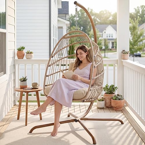 NICESOUL Acogedora silla colgante con soporte para interiores y exteriores, silla columpio de mimbre para patio con cojín y patas doradas, 350