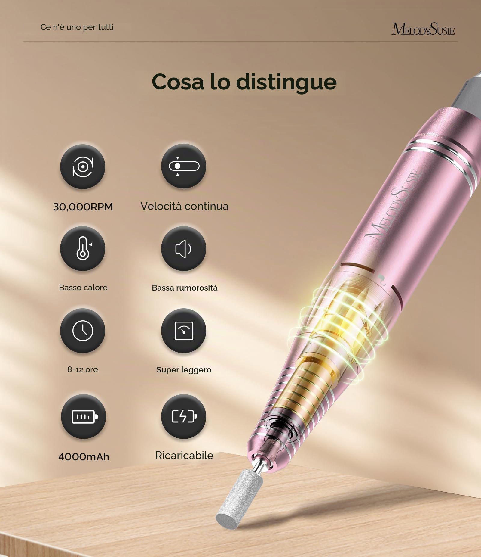 MelodySusie Clip-On SC300F - Trapano per unghie senza fili, 30.000 giri/min, per principianti | Durata della batteria 8-12h, 6 punte e 56 nastri abrasivi per modellare, rimuovere gel e studenti in formazione