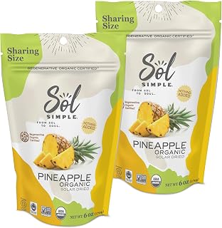 Sol Simple Solar Dried Pineapple Snack, Gluten & Preservative Free, No Sugar Added, USDA Organic, Non-GMO, Vegan & Kosher, Ethical Trade From Nicaraguan Farmers, 6oz, Pack of 2