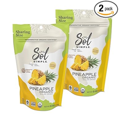 Sol Simple Solar Dried Pineapple Snack, Gluten & Preservative Free, No Sugar Added, USDA Organic, Non-GMO, Vegan & Kosher, Ethical Trade From Nicaraguan Farmers, 6oz, Pack of 2