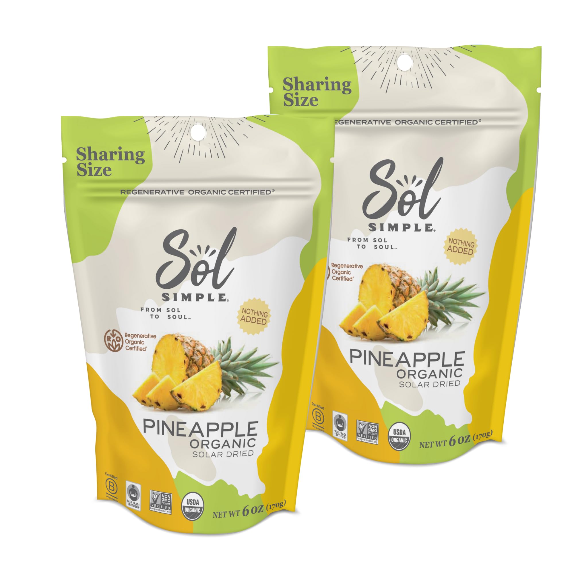 Sol Simple Solar Dried Pineapple Snack, Gluten & Preservative Free, No Sugar Added, USDA Organic, Non-GMO, Vegan & Kosher, Ethical Trade From Nicaraguan Farmers, 6oz, Pack of 2